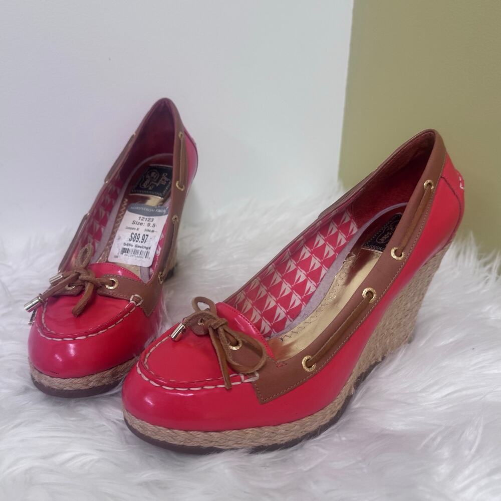 Milly Sperry Espadrille Wedges Patent Leather Loafer Red Orange Women 9.5